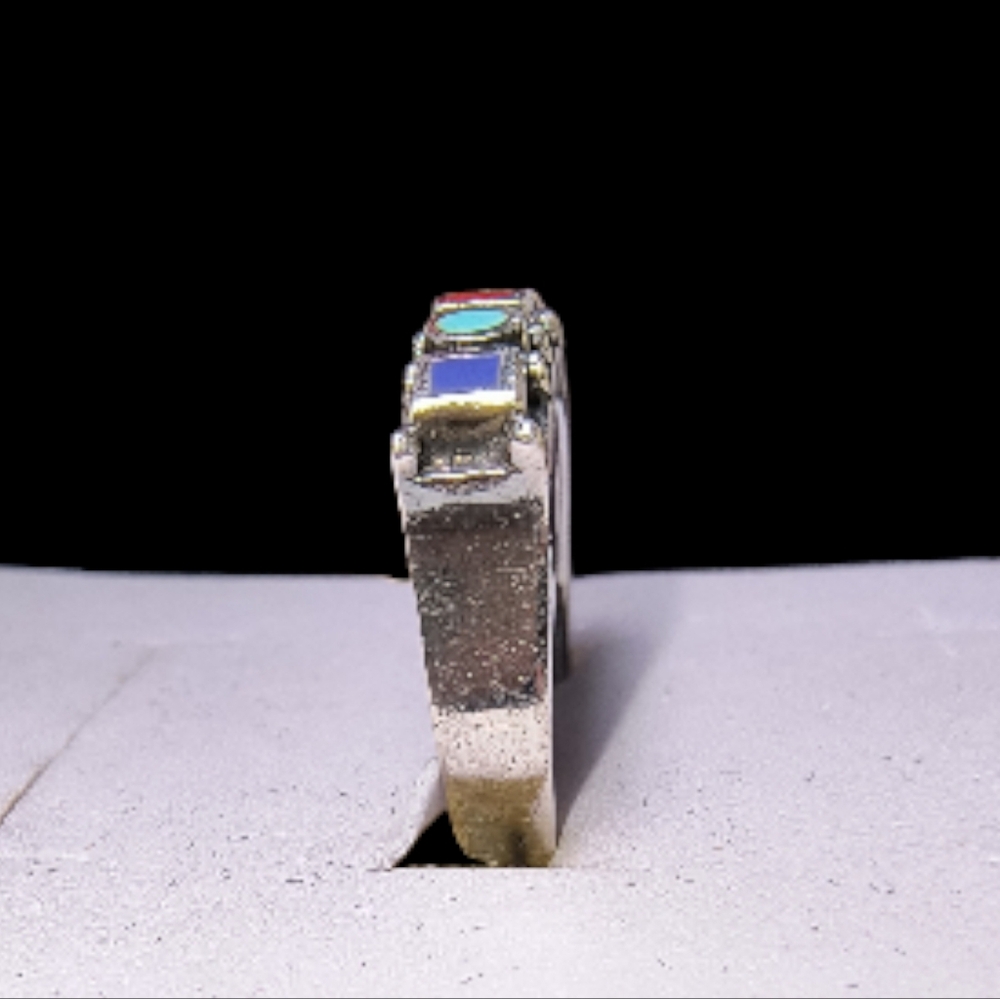 Vintage Sterling Silver Multi-Stone Inlay Ring - Picture 9 of 12